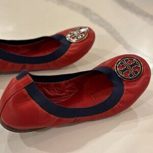 Tory Burch Caroline Ballet Flats Size 7- Acai Red/French Blue